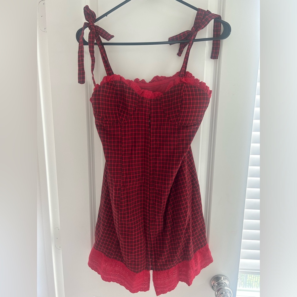 red and black plaid mini dress